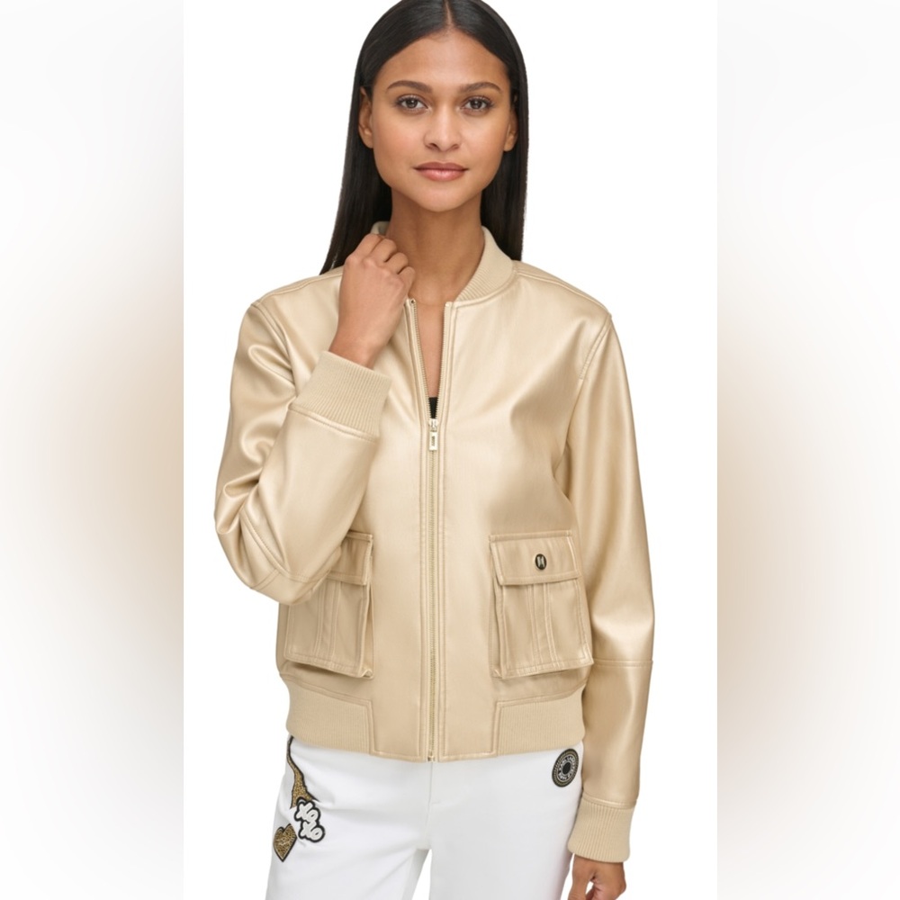 KARL LAGERFELD Paris Women's Sz.Small Faux Leather Bomber Jacket in Gold
